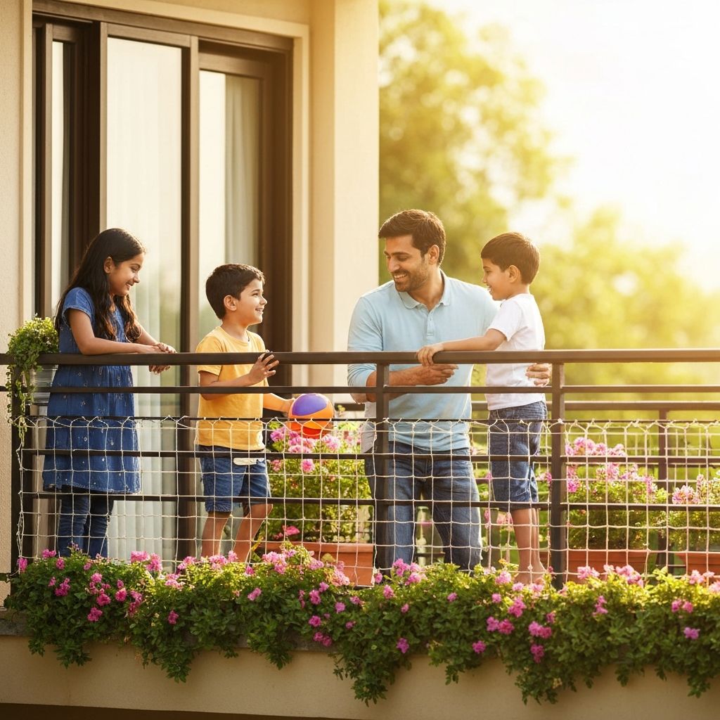 Happy family enjoying clean balcony with safety net