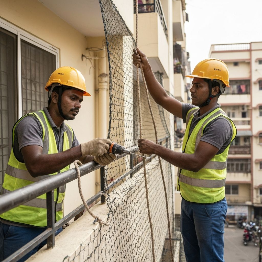 Professional workers installing bird netting